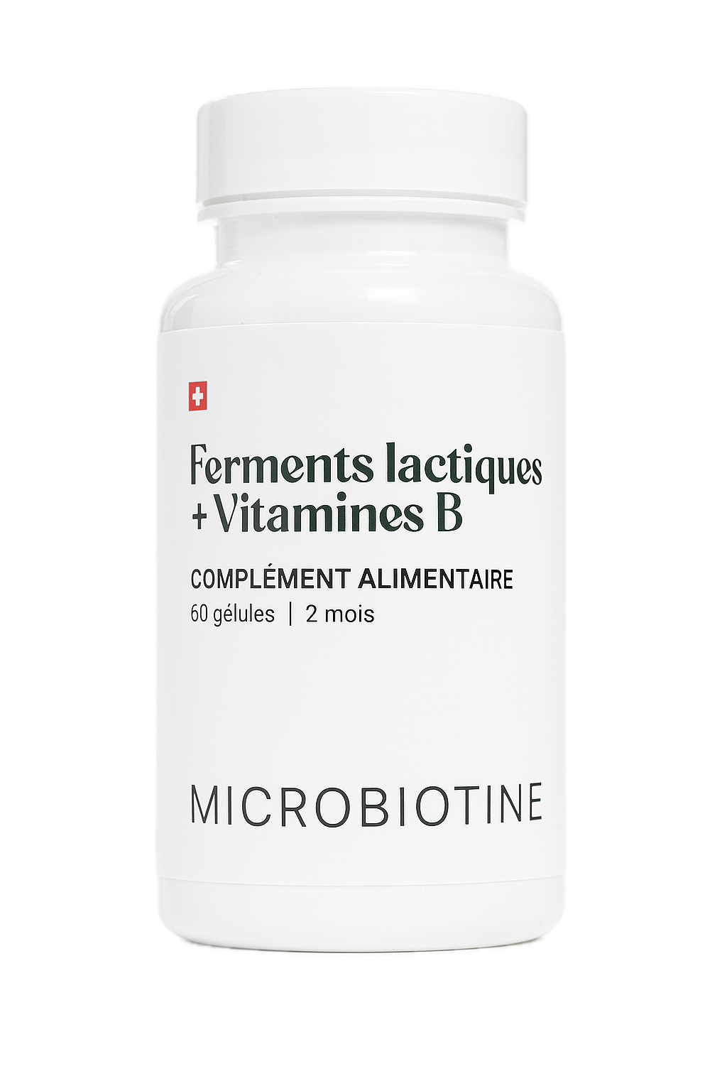 Flacon Microbiotine – probiotiques suisses pour la digestion et le microbiote.
